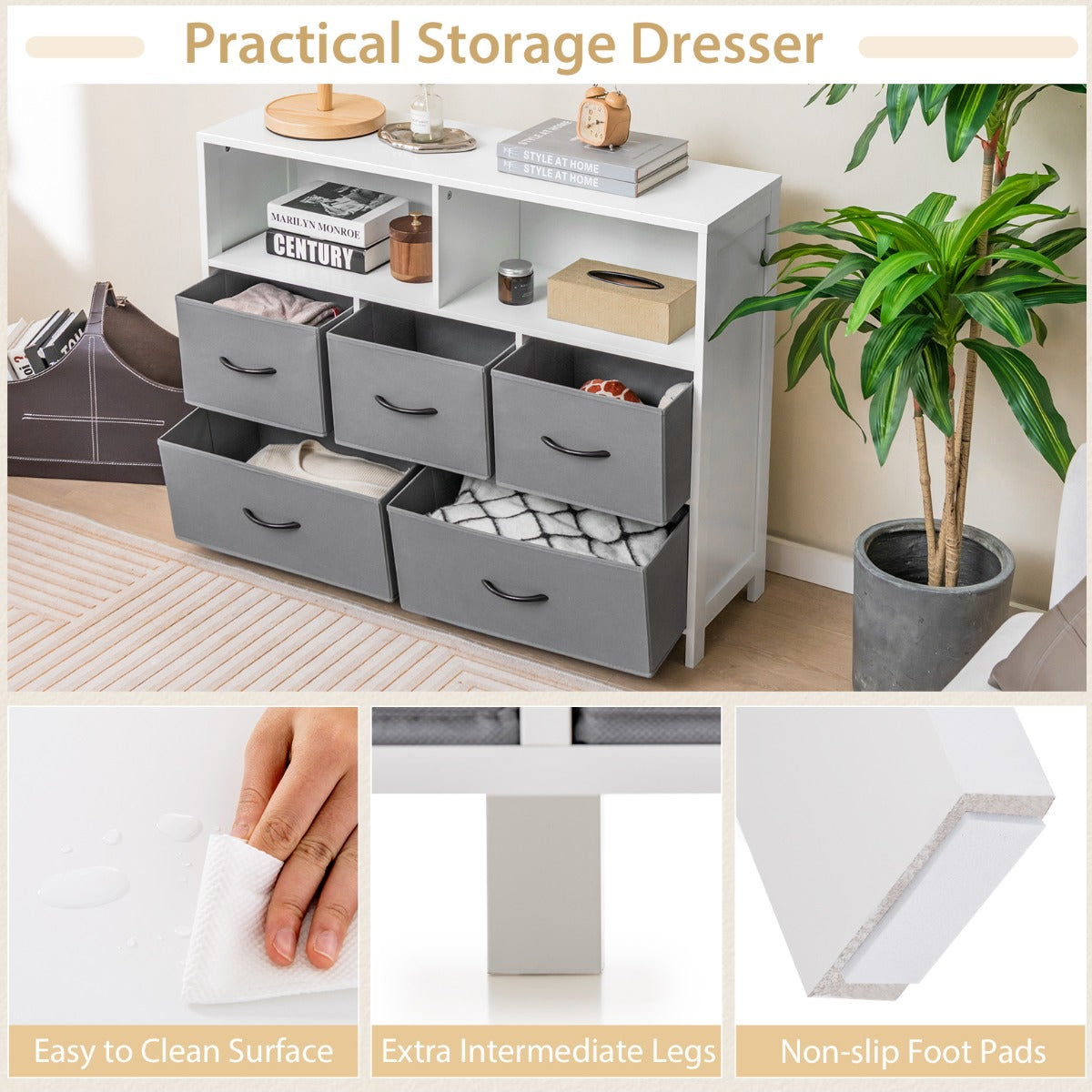 LIVSK Ladekast met 5 Lades - 2 Open Vakken - Inklapbaar - Duurzaam MDF - Totale Afmeting 100 x 30 x 78 cm - Wit + Grijs