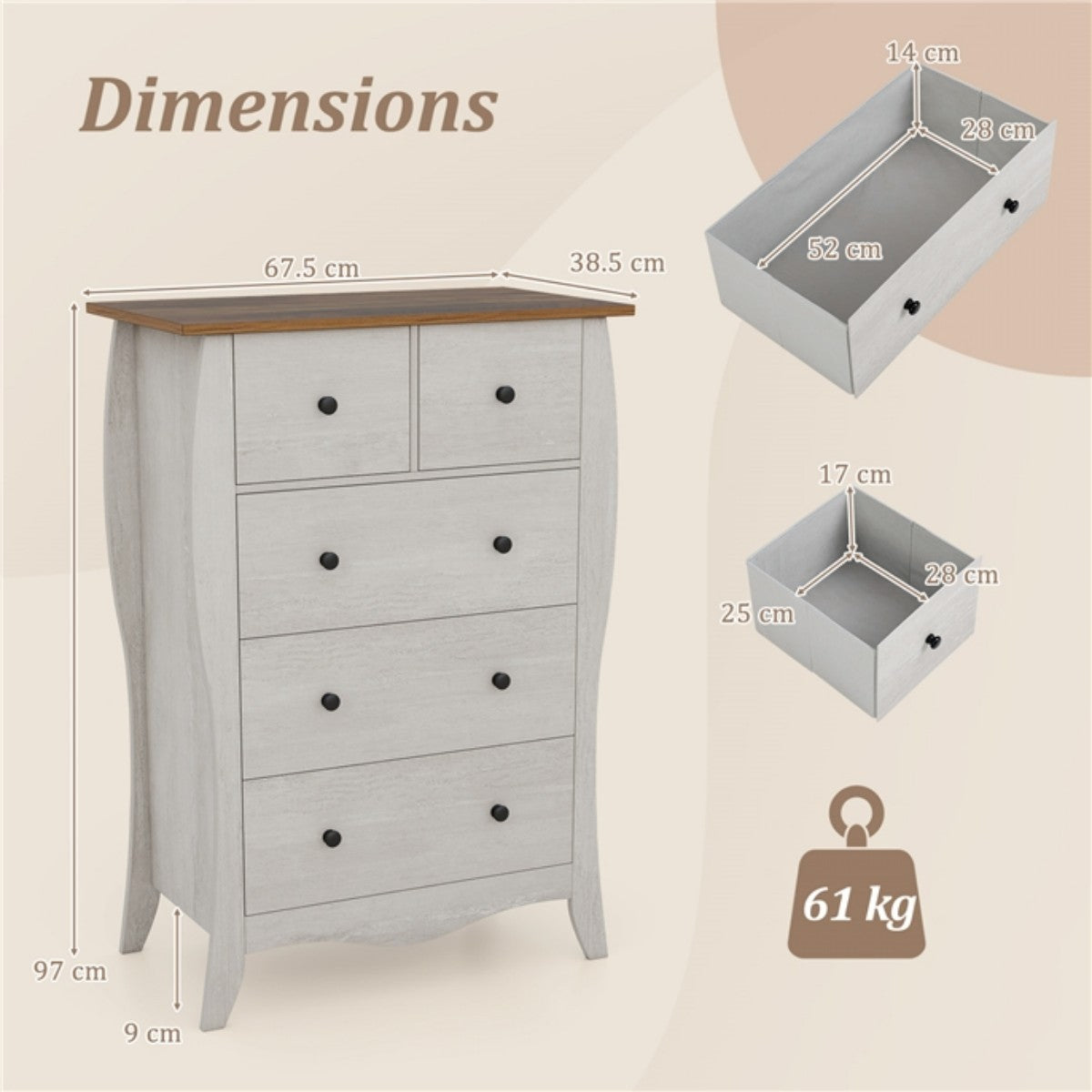 LIVSK Inklapbare Commode met 5 Lades - Duurzaam en Veilig met Kantelbeveiliging - Stijlvol Design - 67,5 x 38,5 x 97 cm -