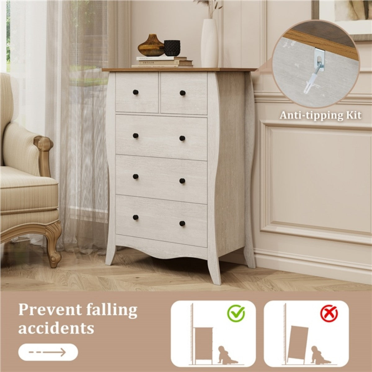 LIVSK Inklapbare Commode met 5 Lades - Duurzaam en Veilig met Kantelbeveiliging - Stijlvol Design - 67,5 x 38,5 x 97 cm -