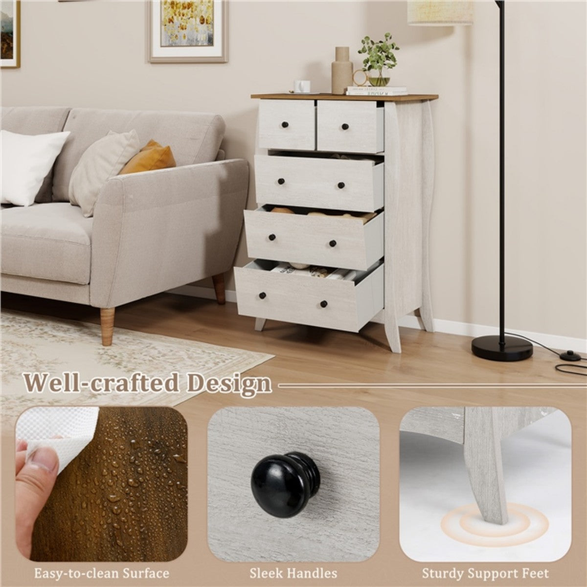 LIVSK Inklapbare Commode met 5 Lades - Duurzaam en Veilig met Kantelbeveiliging - Stijlvol Design - 67,5 x 38,5 x 97 cm -