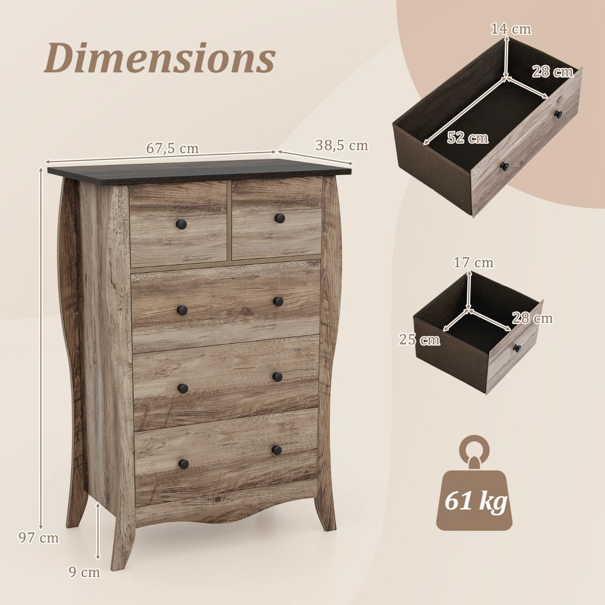 LIVSK Rustieke Commode met 5 Lades - Hoogwaardige Materialen - Inclusief Anti-kantelset - Duurzaam en Stijlvol - Bruin