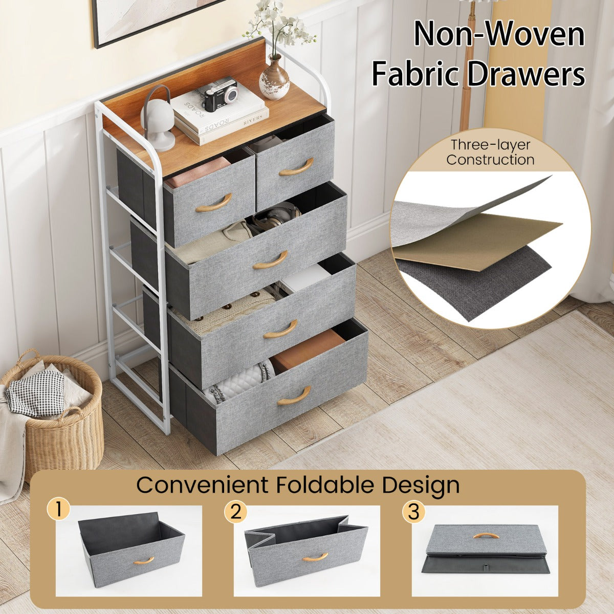LIVSK Opvouwbare Ladekast - 5 Verwijderbare Lades - Stalen Frame - MDF-blad - Ondersteuning tot 10 kg - 58 x 30 x 100 cm - Zoals