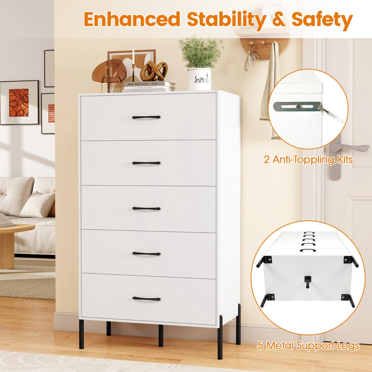 Livsk costway commode met 5 lades houten opbergmeubel met diepe lades en anti kantelsets 5
