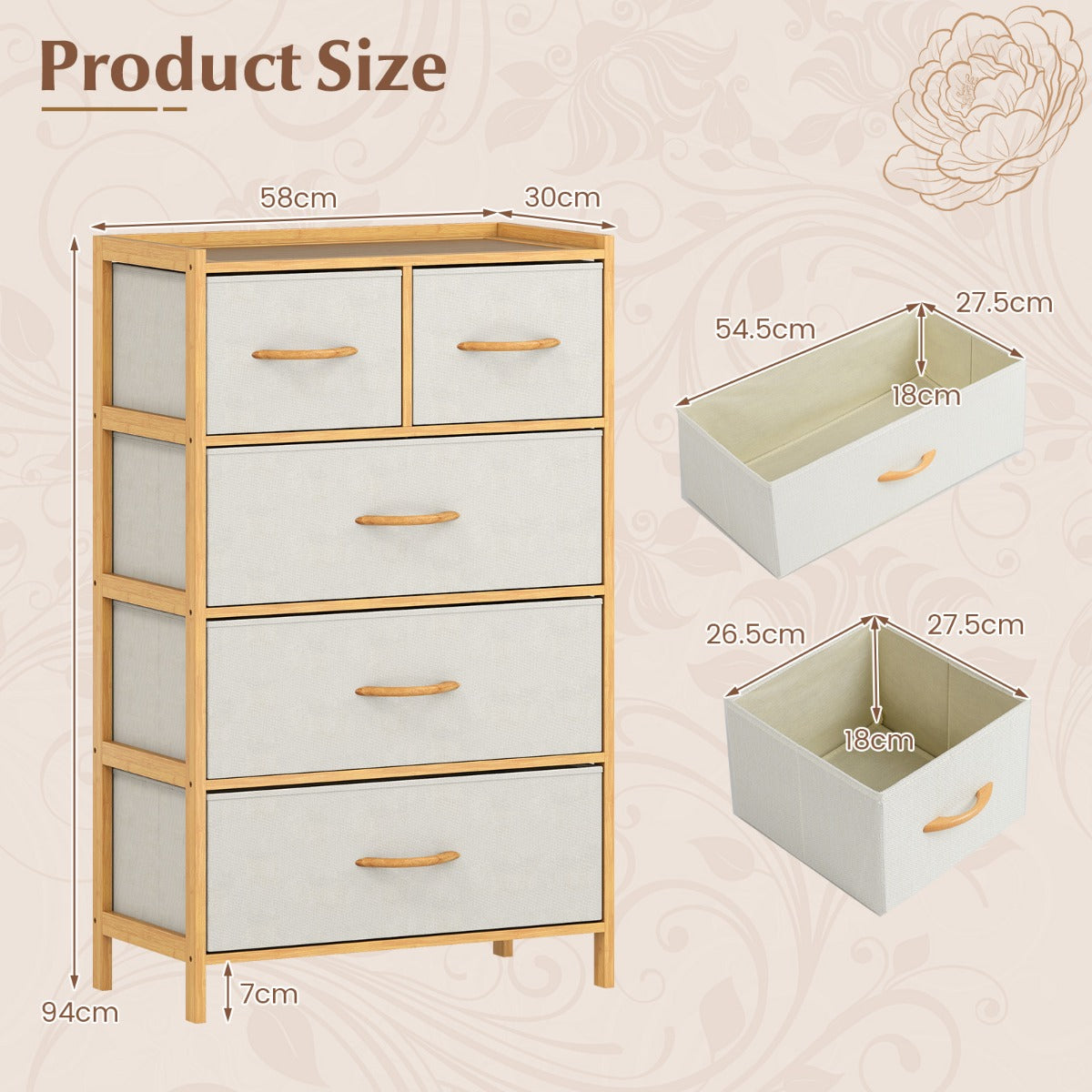 Livsk costway commode met 5 opvouwbare stoffen lades bamboe opbergkast met bovenste plank vrijstaande ladekast naturel 1 1