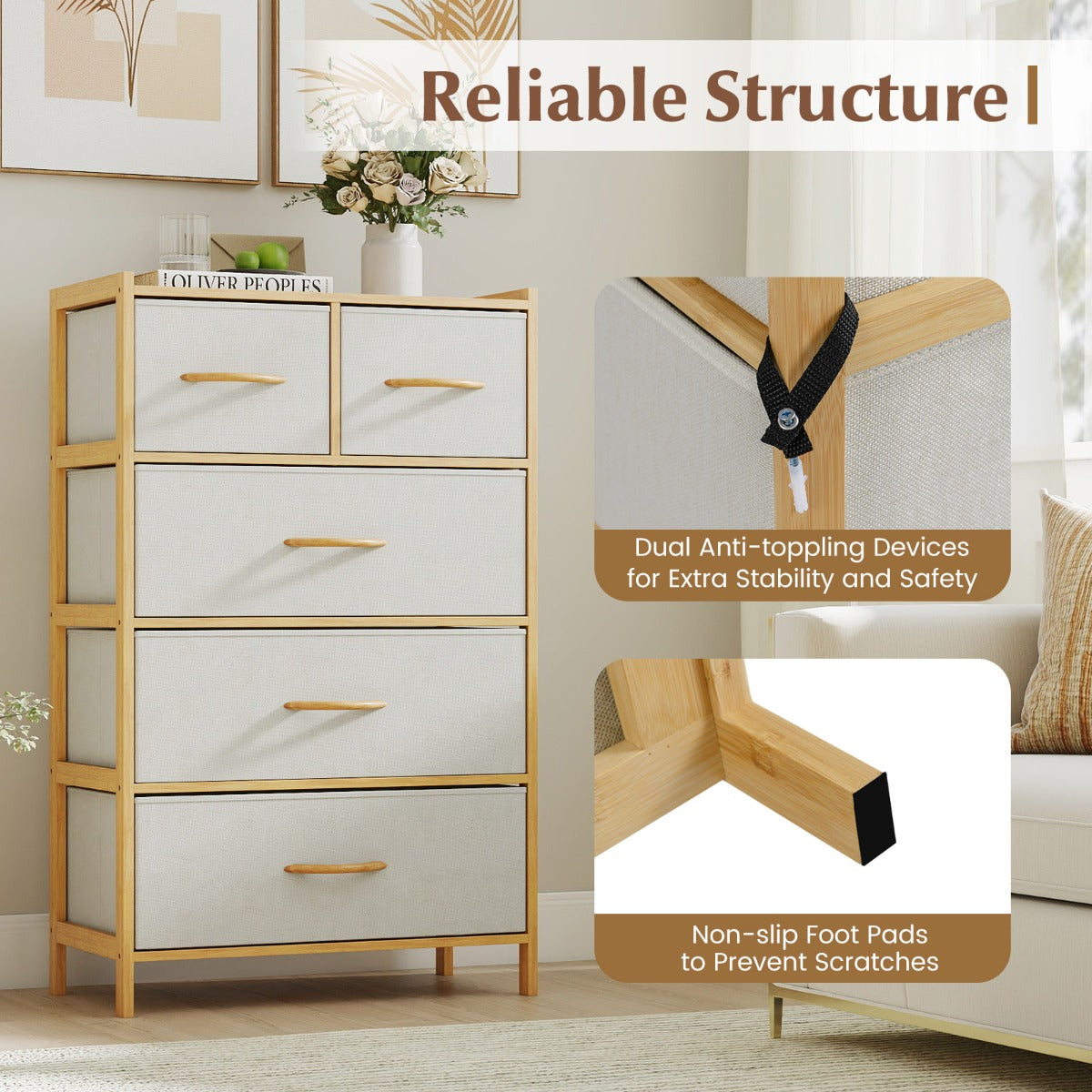 Livsk costway commode met 5 opvouwbare stoffen lades bamboe opbergkast met bovenste plank vrijstaande ladekast naturel 4