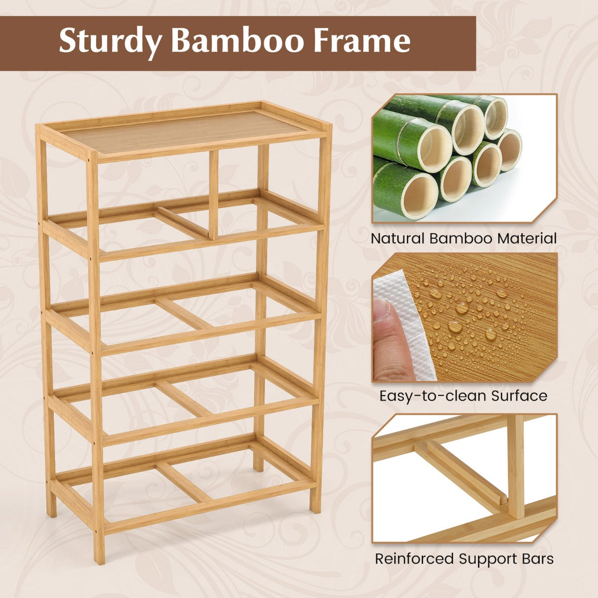 Livsk costway commode met 5 opvouwbare stoffen lades bamboe opbergkast met bovenste plank vrijstaande ladekast naturel 5