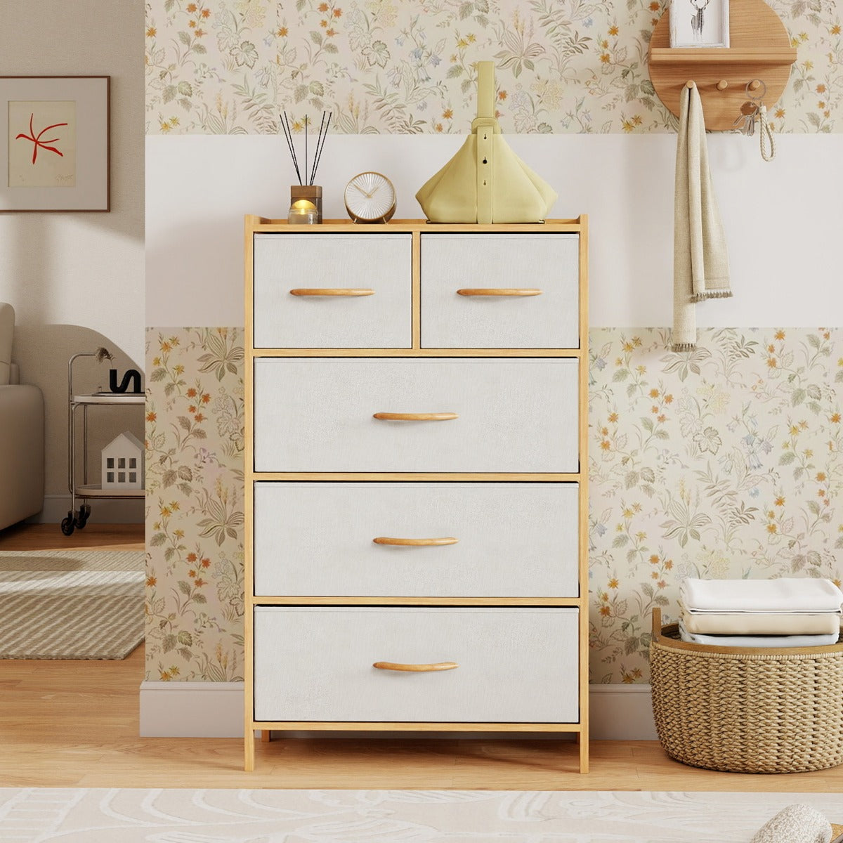 Livsk costway commode met 5 opvouwbare stoffen lades bamboe opbergkast met bovenste plank vrijstaande ladekast naturel 6