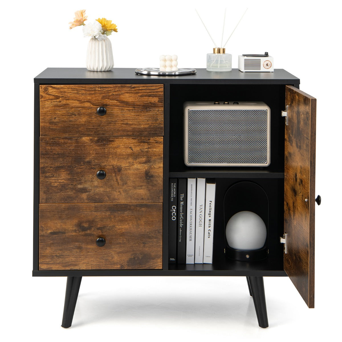 LIVSK Opbergkast Mid-Century - 3 Laden - Verstelbare Plank - Kantelbeveiliging - 73 x 40 x 76,5 cm - Bruin