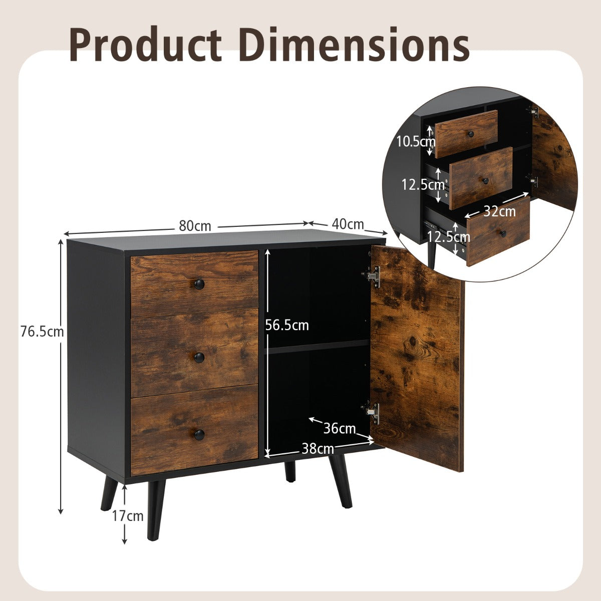 LIVSK Opbergkast Mid-Century - 3 Laden - Verstelbare Plank - Kantelbeveiliging - 73 x 40 x 76,5 cm - Bruin