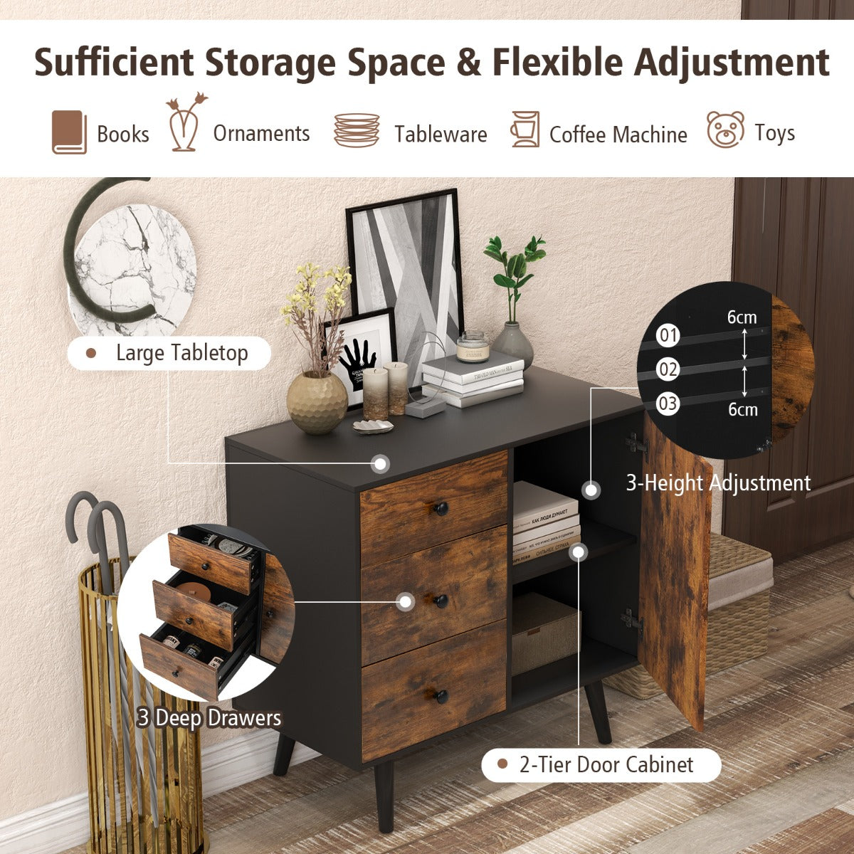 LIVSK Opbergkast Mid-Century - 3 Laden - Verstelbare Plank - Kantelbeveiliging - 73 x 40 x 76,5 cm - Bruin