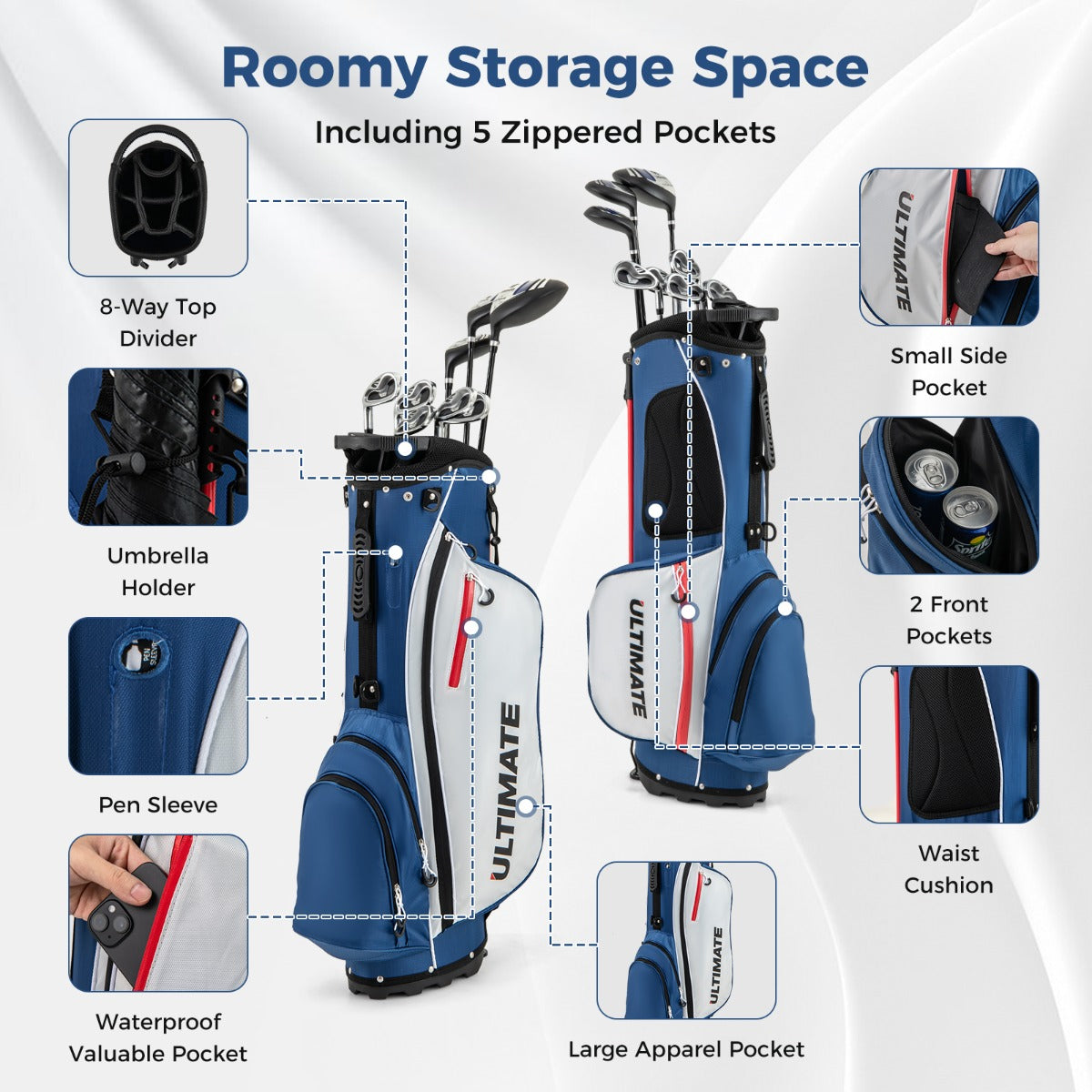 LIVSK Complete Golfset voor Linkshandige Heren - Inclusief Driver, IJzers en Putter - Draagbare Standtas met Regenhoes - Blauw