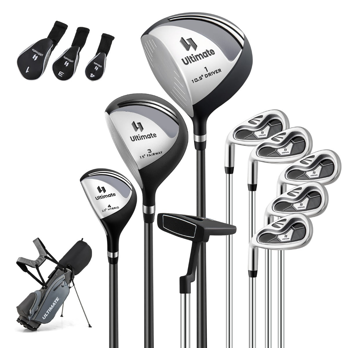 LIVSK Complete Golfset voor Linkshandige Heren - Inclusief Driver, Hybride, IJzers en Putter - Draagbare Golfstandtas - Grijs