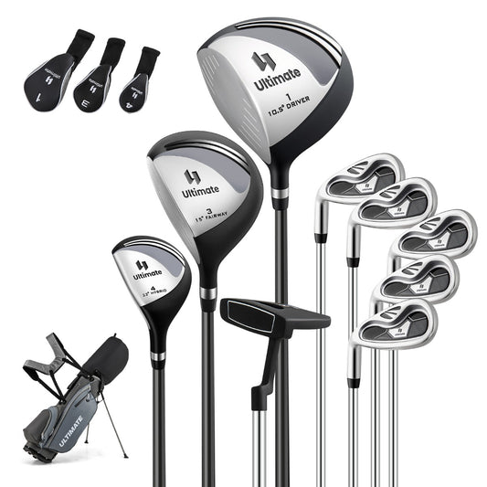 LIVSK Complete Golfset voor Linkshandige Heren - Inclusief Driver, Hybride, IJzers en Putter - Draagbare Golfstandtas - Grijs
