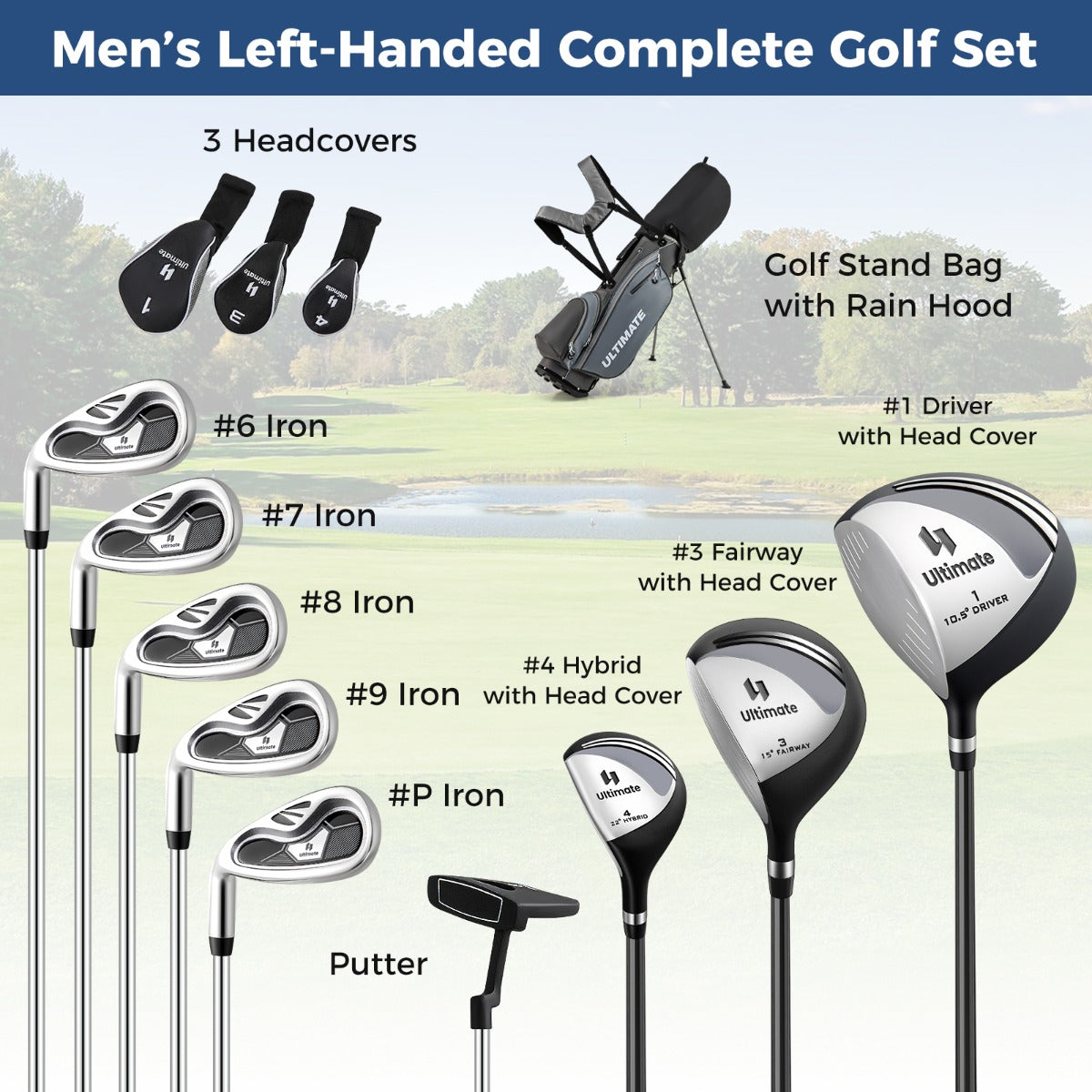 LIVSK Complete Golfset voor Linkshandige Heren - Inclusief Driver, Hybride, IJzers en Putter - Draagbare Golfstandtas - Grijs