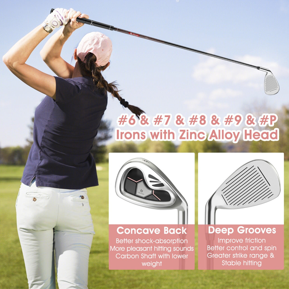 LIVSK Dames Golfclubset - Complete 9-delige Set met Driver, Fairway, Hybride, Ijzers en Putter - Laag Zwaartepunt - Roze