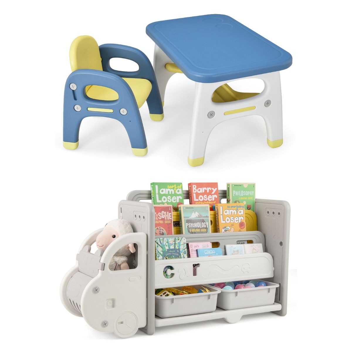 Livsk costway complete kinderkamer set met dinosaurus tafel en stoel blokken en speelgoedkast voor autootjes
