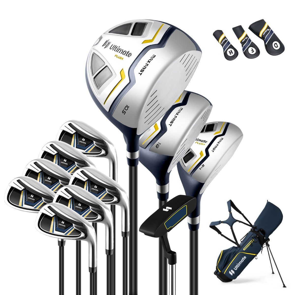 LIVSK 15-delige Golfset voor Heren - Graphite Shafts - Cavity Back IJzers - Mallet Putter - Golftas met Statief - Geel +