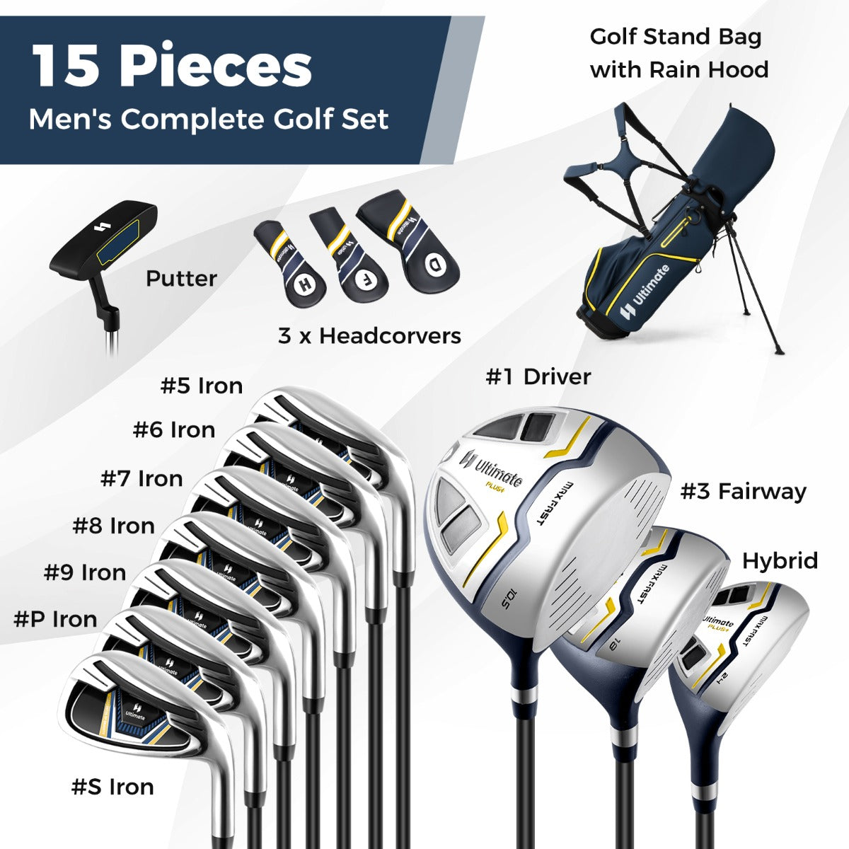 LIVSK 15-delige Golfset voor Heren - Graphite Shafts - Cavity Back IJzers - Mallet Putter - Golftas met Statief - Geel +
