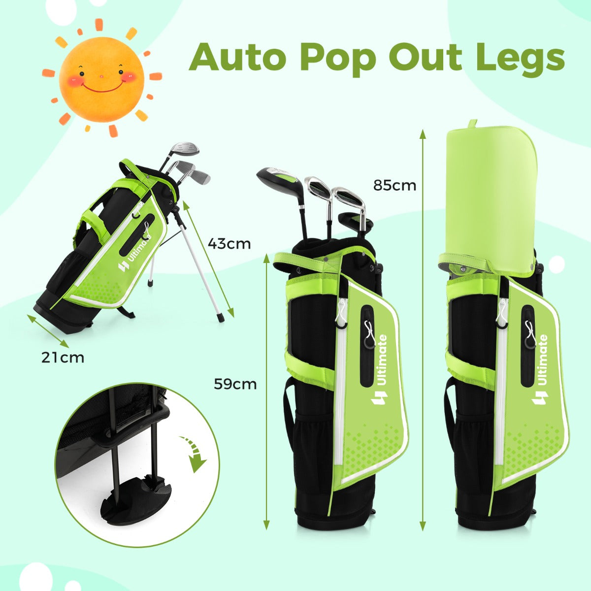 LIVSK Complete Junior Golfclubs Set voor Kinderen 5-7 Jaar - Driepoottas met Regenkap - Lichtgewicht - Blauw/Groen/Roze