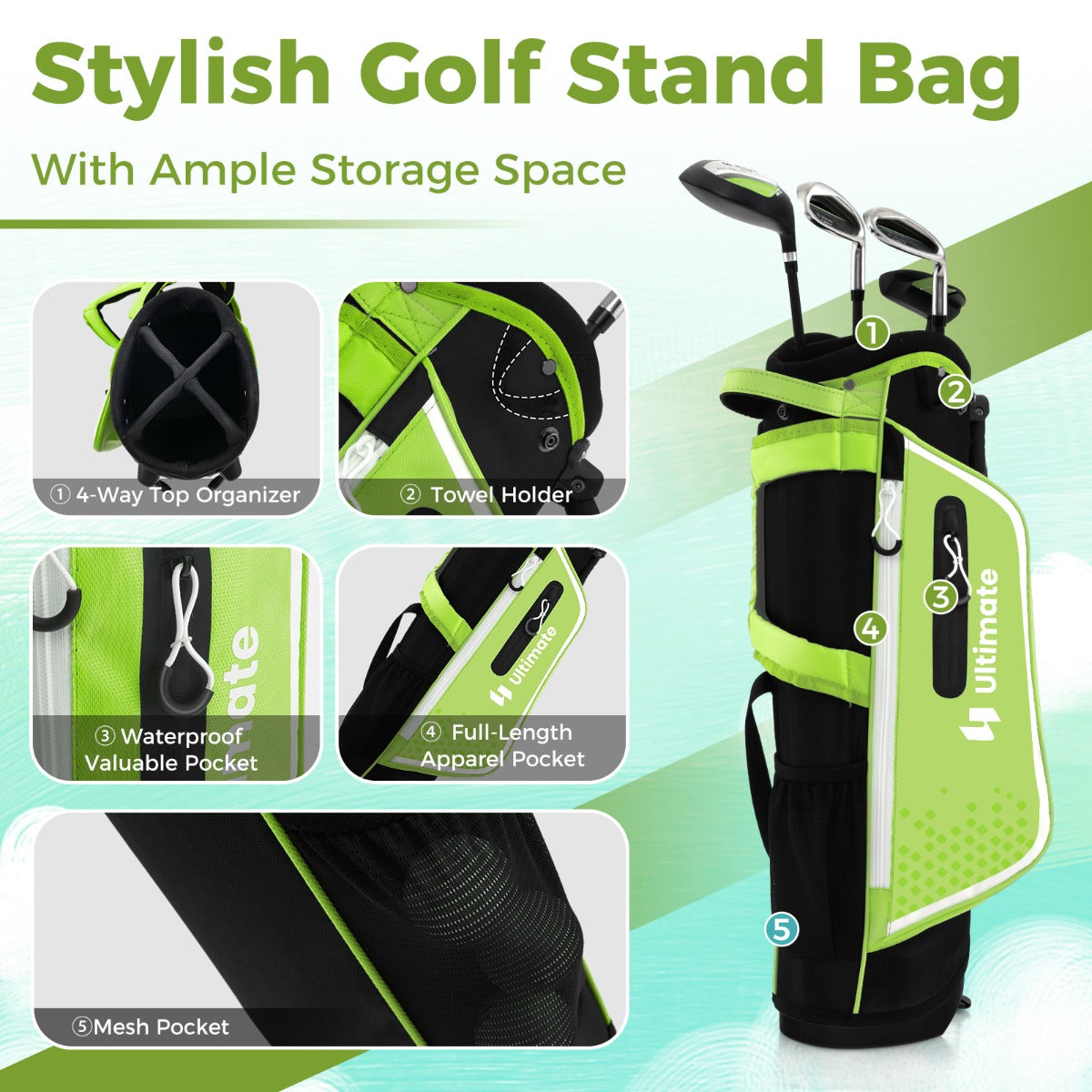 LIVSK Complete Junior Golfclubs Set voor Kinderen 5-7 Jaar - Driepoottas met Regenkap - Lichtgewicht - Blauw/Groen/Roze