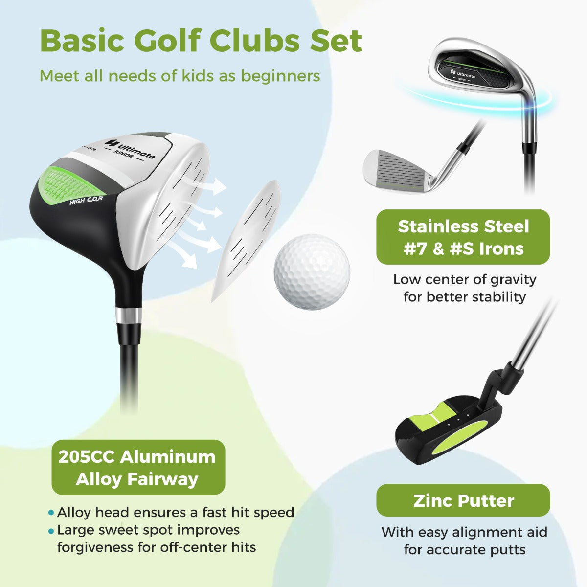 LIVSK Complete Junior Golfclubs Set voor Kinderen 5-7 Jaar - Driepoottas met Regenkap - Lichtgewicht - Blauw/Groen/Roze