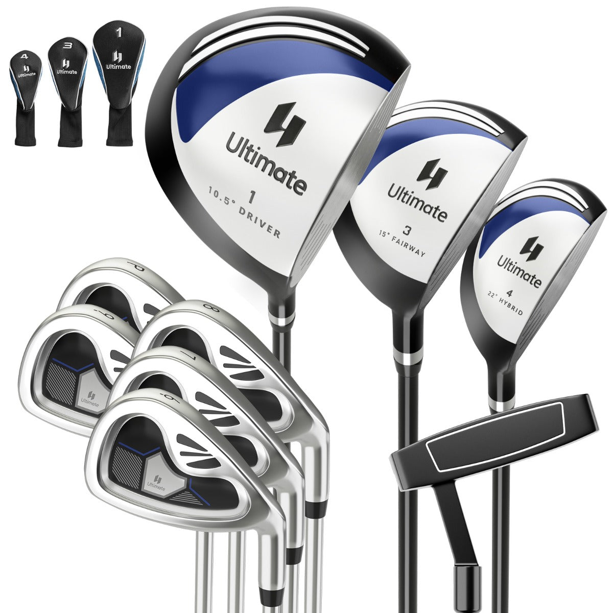 LIVSK 9-Delige Golfclubset voor Rechtshandige Mannen - Inclusief Driver, Fairway, Hybrid, Irons en Putter - Marine
