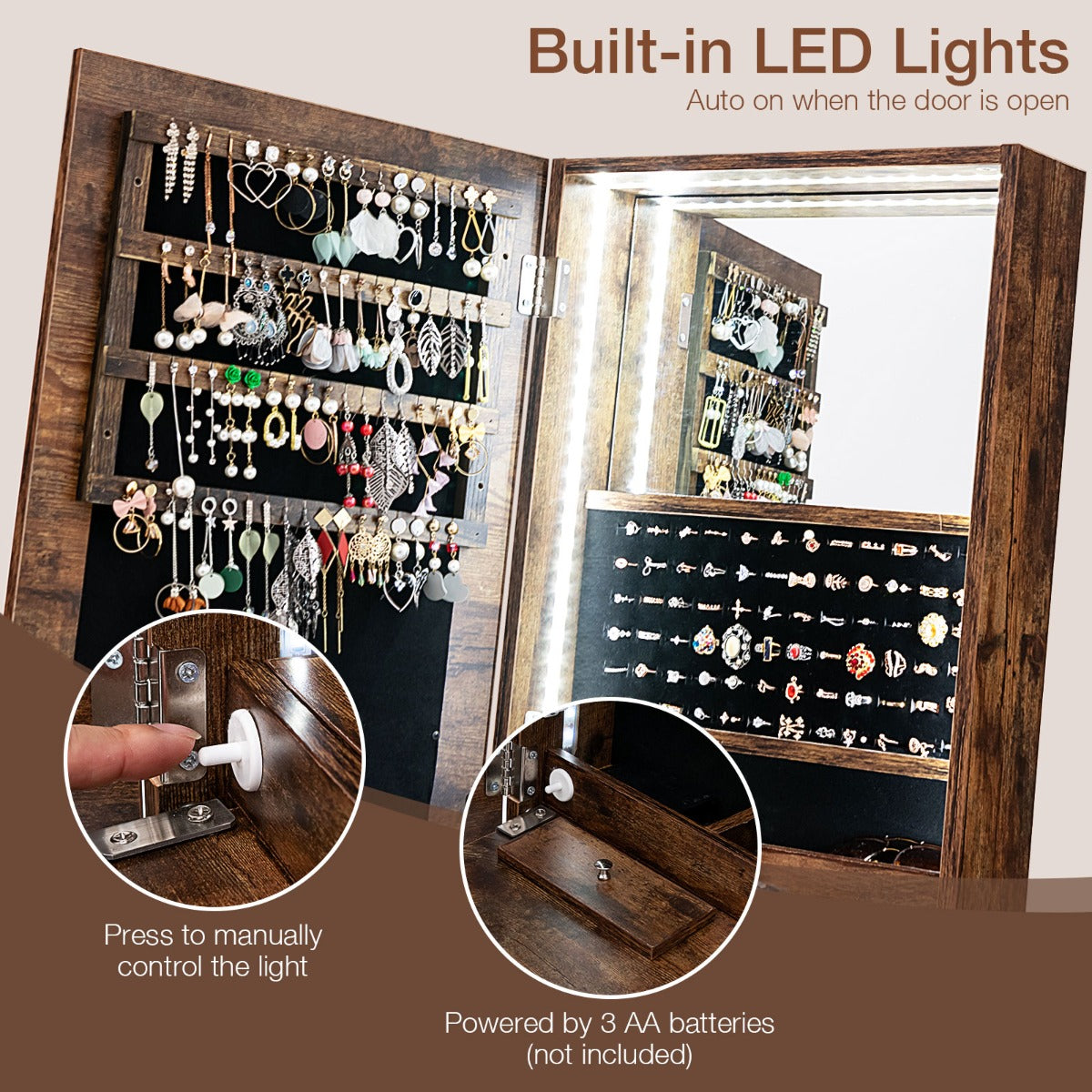 LIVSK Vrijstaande Juwelenkast - 3-in-1 met Verstelbare Spiegel - LED-verlichting - Uitklapbaar Plankje - 120 x 37 x 11 cm - Bruin