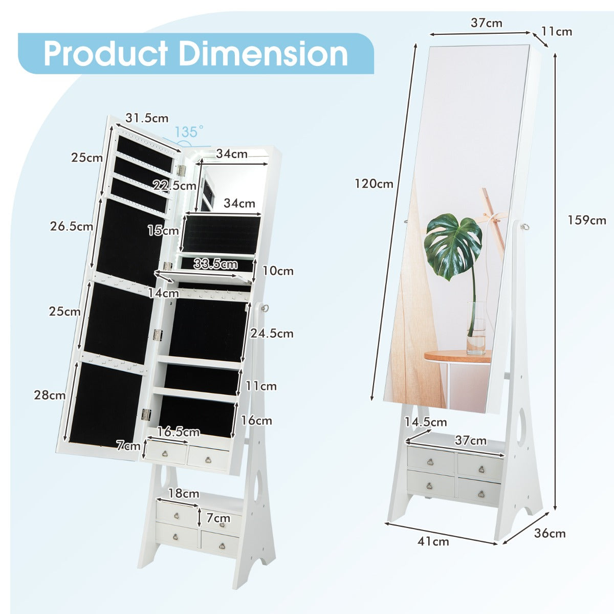 LIVSK Vrijstaande Juwelenkast met LED-verlichting - Verstelbare Spiegel - Uitklapbaar Make-up Plankje - 120 x 37 x 11 cm - Wit
