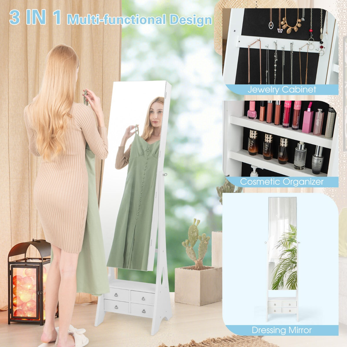 LIVSK Vrijstaande Juwelenkast met LED-verlichting - Verstelbare Spiegel - Uitklapbaar Make-up Plankje - 120 x 37 x 11 cm - Wit