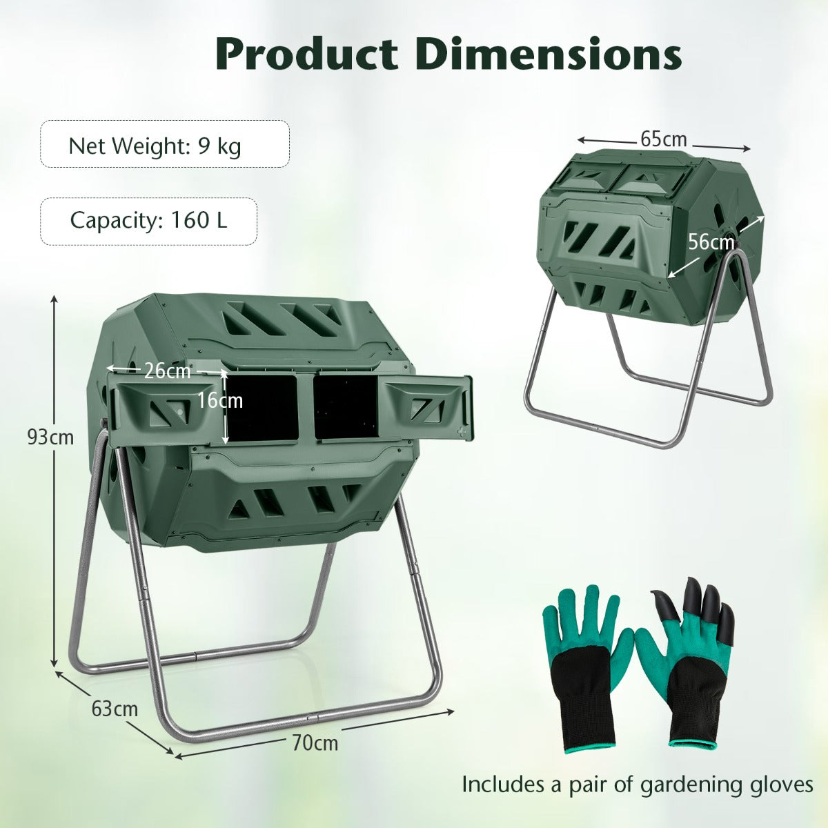 LIVSK Roterende Composter met Dubbele Kamer - 160L Capaciteit - 360° Draaiend - Schuifdeuren - Ventilatie - Groen