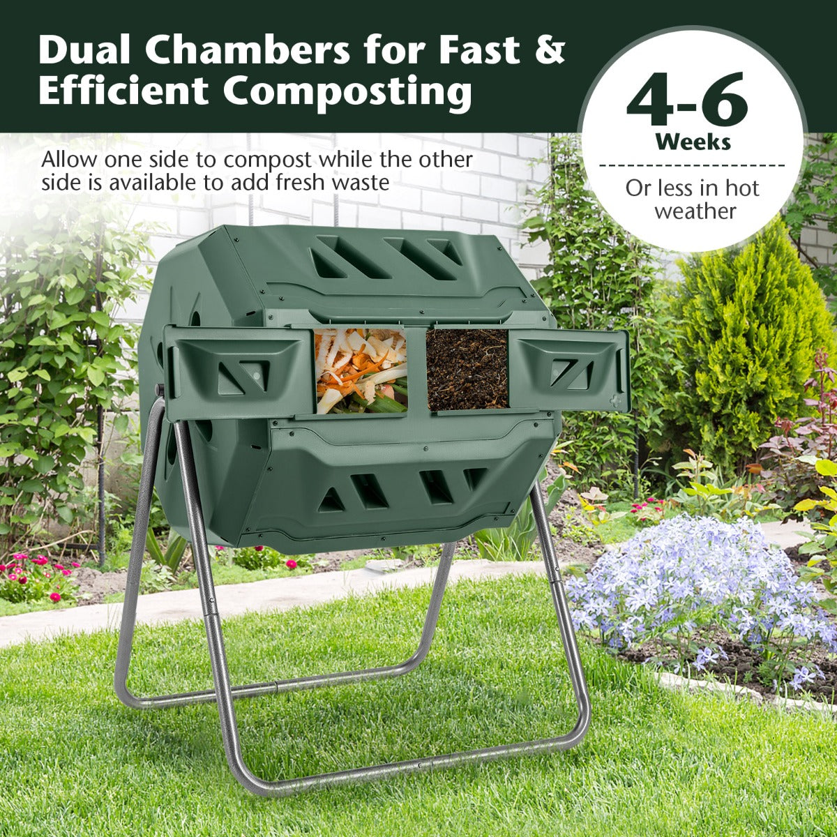 LIVSK Roterende Composter met Dubbele Kamer - 160L Capaciteit - 360° Draaiend - Schuifdeuren - Ventilatie - Groen