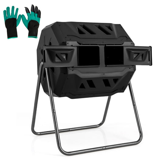 Livsk costway composter 160l dubbele kamercompostspinner met 2 schuifdeuren robuust metalen frame 360 roterende composter zwart