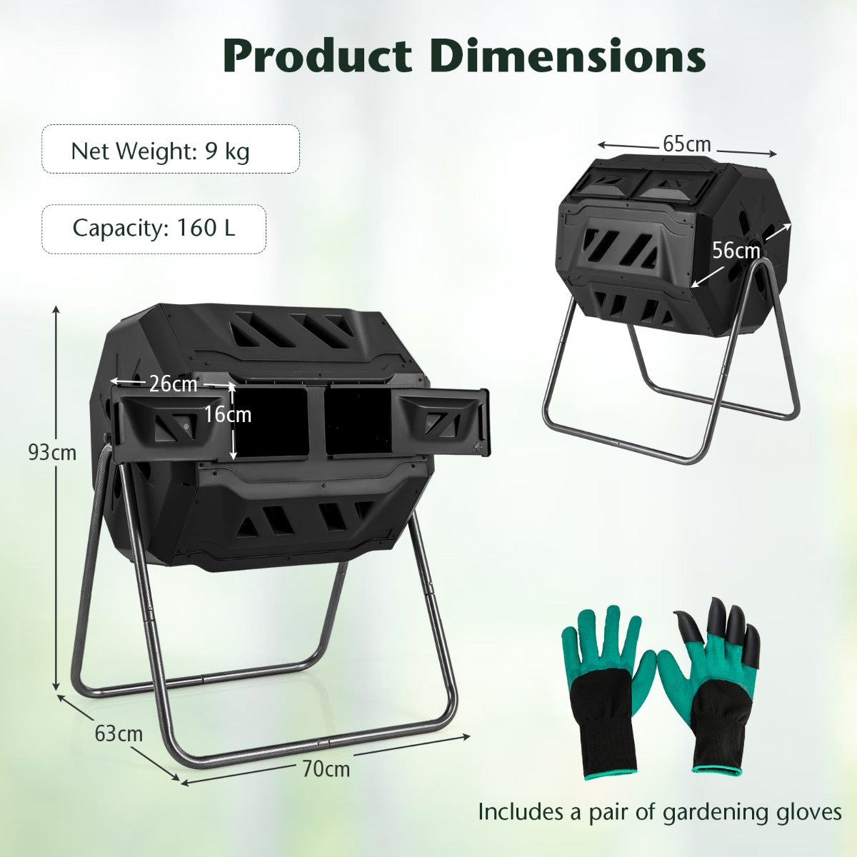 Livsk costway composter 160l dubbele kamercompostspinner met 2 schuifdeuren robuust metalen frame 360 roterende composter zwart