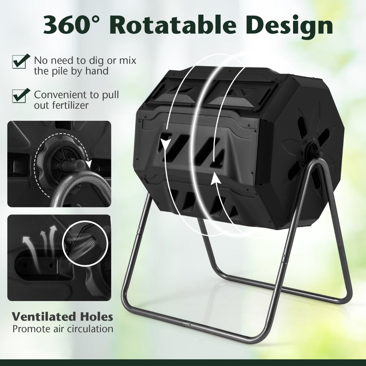 Livsk costway composter 160l dubbele kamercompostspinner met 2 schuifdeuren robuust metalen frame 360 roterende composter zwart