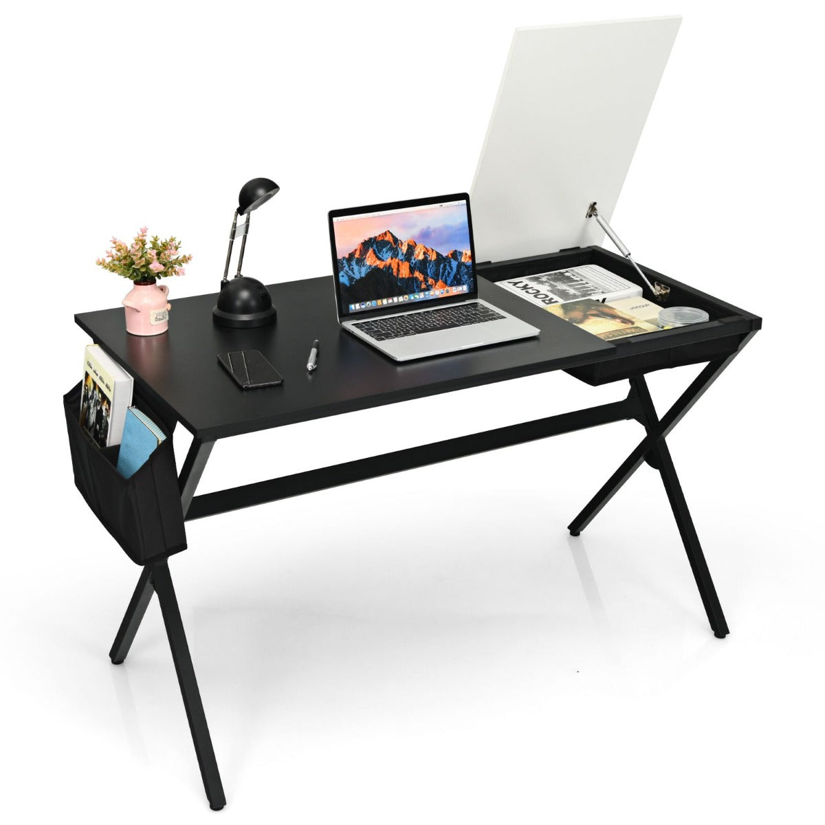 LIVSK Computerbureau met Inklapbare Lade en Opbergzak - Stevig X-vormig Frame - Ruim Werkblad 120 x 60 cm - Zwart/Wit