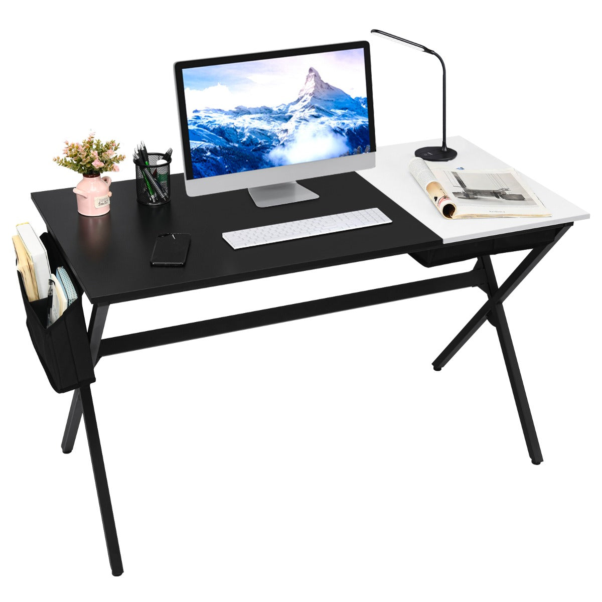 LIVSK Computerbureau met Inklapbare Lade en Opbergzak - Stevig X-vormig Frame - Ruim Werkblad 120 x 60 cm - Zwart/Wit