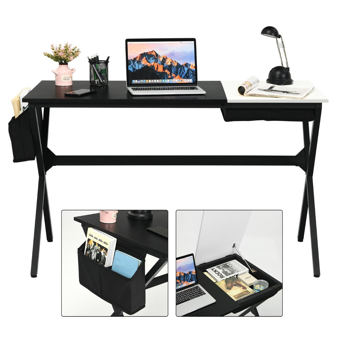 LIVSK Computerbureau met Inklapbare Lade en Opbergzak - Stevig X-vormig Frame - Ruim Werkblad 120 x 60 cm - Zwart/Wit