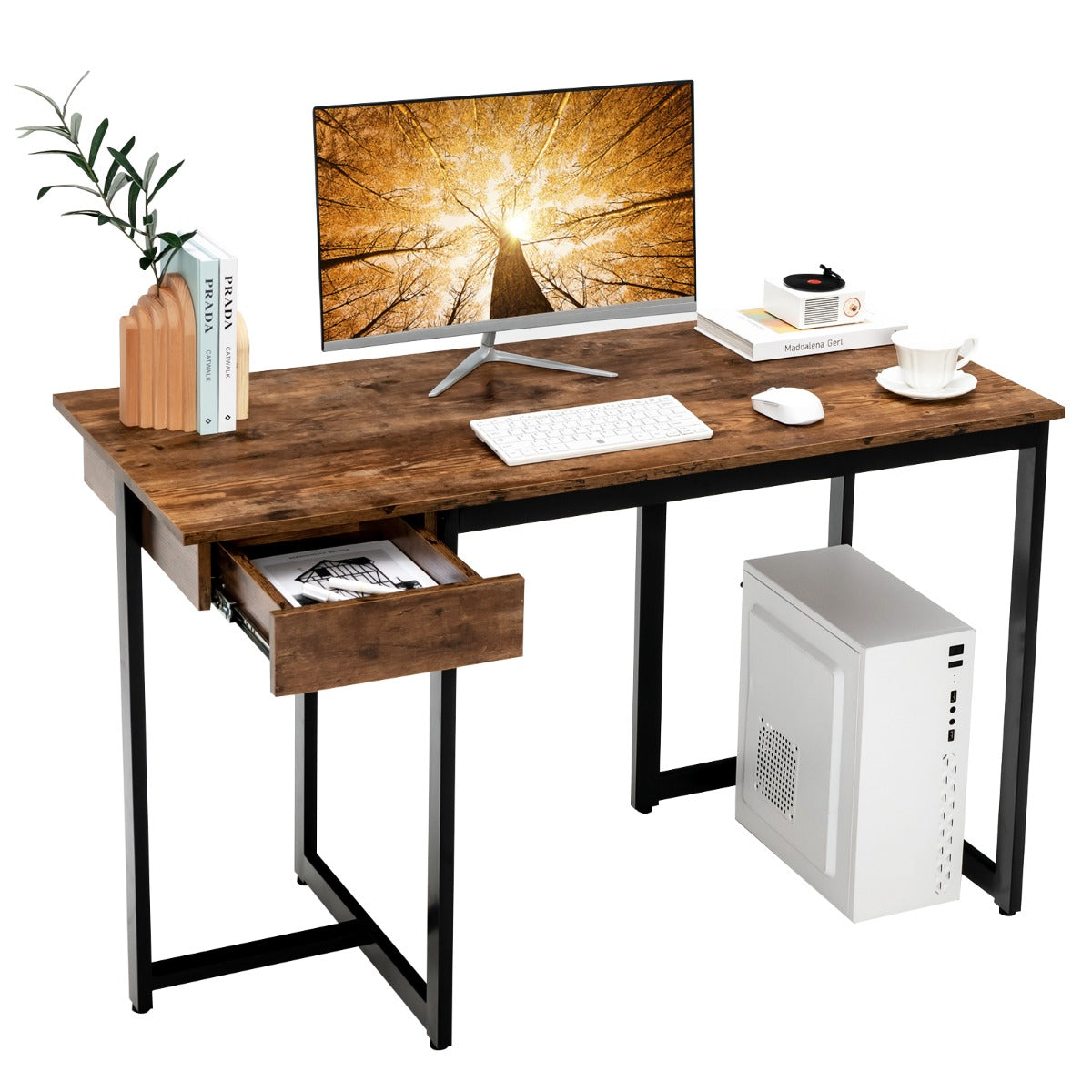 LIVSK Computerbureau 120 x 55 x 75 cm - Diepe Lade - Verstelbare Voetsteunen - Stevige Metalen Constructie - Rustiek bruin