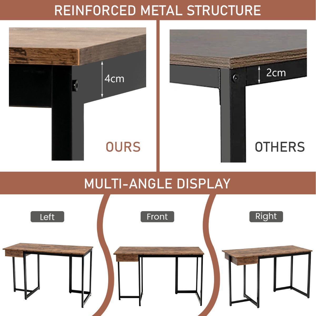 LIVSK Computerbureau 120 x 55 x 75 cm - Diepe Lade - Verstelbare Voetsteunen - Stevige Metalen Constructie - Rustiek bruin