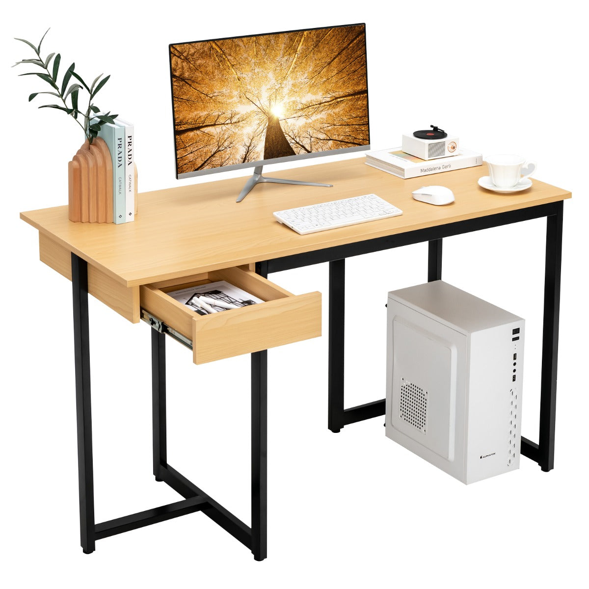 LIVSK Computerbureau 120 x 55 x 75 cm - Verstelbare Voetsteunen - Ruime Lade - Stevige Metalen Structuur - Rustiek bruin