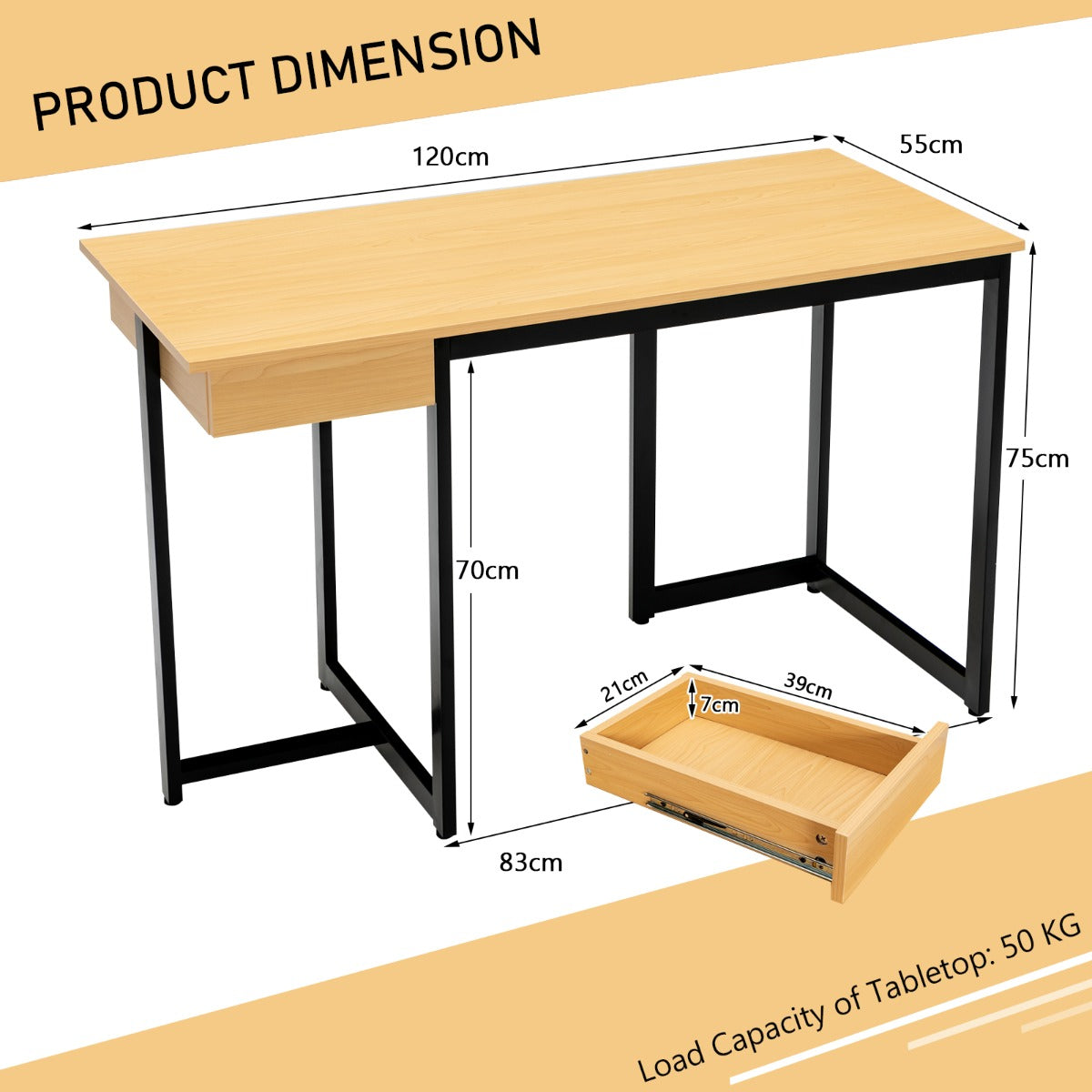 LIVSK Computerbureau 120 x 55 x 75 cm - Verstelbare Voetsteunen - Ruime Lade - Stevige Metalen Structuur - Rustiek bruin