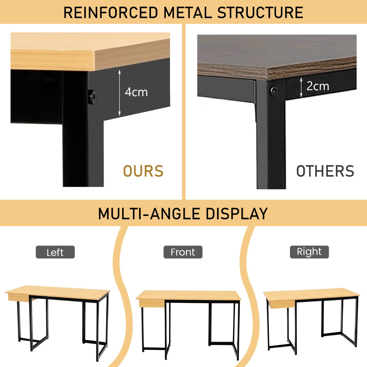 LIVSK Computerbureau 120 x 55 x 75 cm - Verstelbare Voetsteunen - Ruime Lade - Stevige Metalen Structuur - Rustiek bruin