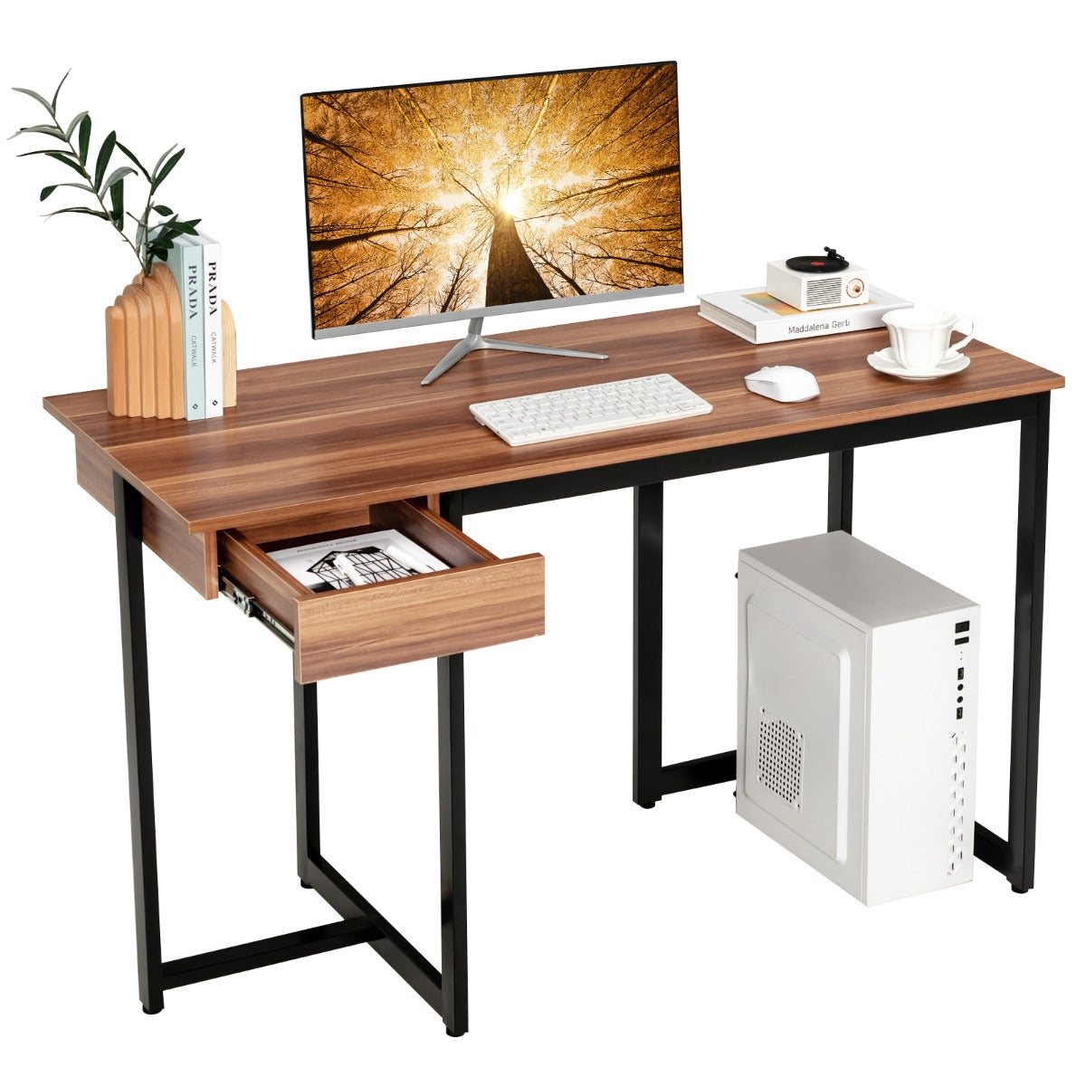 LIVSK Computerbureau met Ruime Lade - Sterk Metaal - Verstelbare Voetsteunen - 120 x 55 x 75 cm - Rustiek bruin