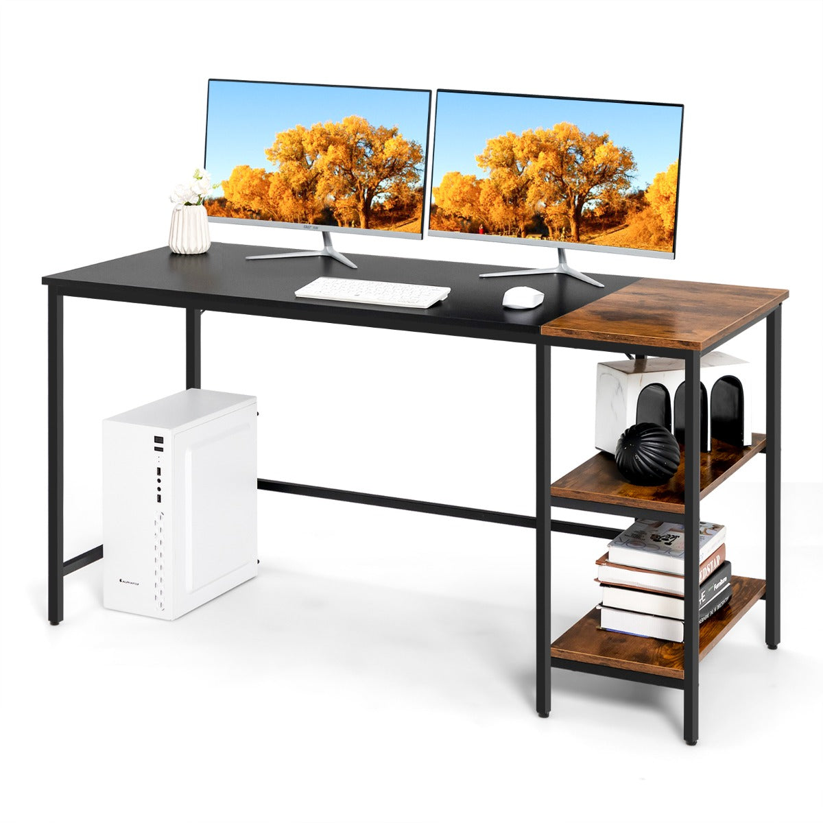 LIVSK Industrieel Computerbureau met Opbergplanken - Ruim Blad - Stalen Frame - Afneembare Plank - 140 x 60 x 74 cm -