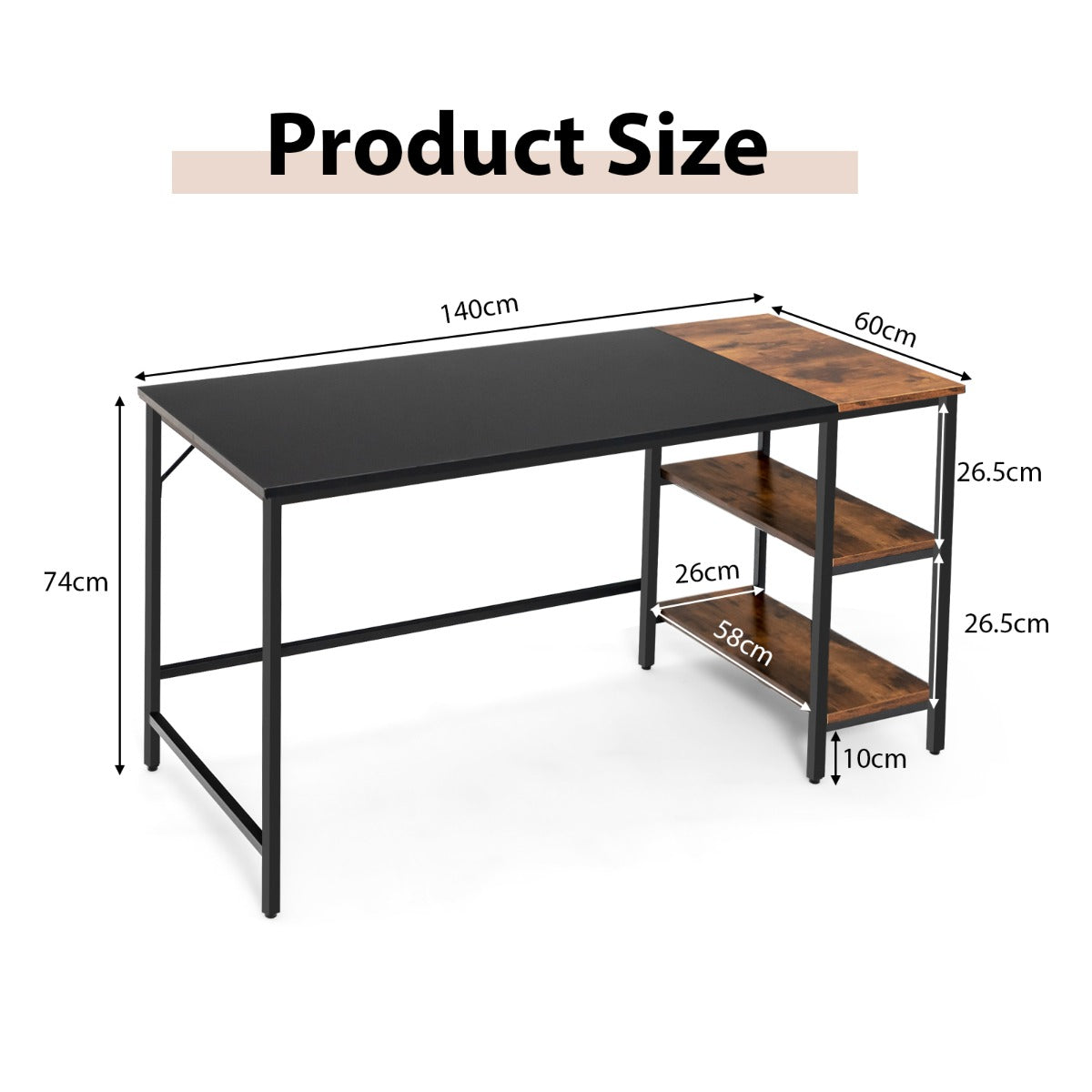 LIVSK Industrieel Computerbureau met Opbergplanken - Ruim Blad - Stalen Frame - Afneembare Plank - 140 x 60 x 74 cm -