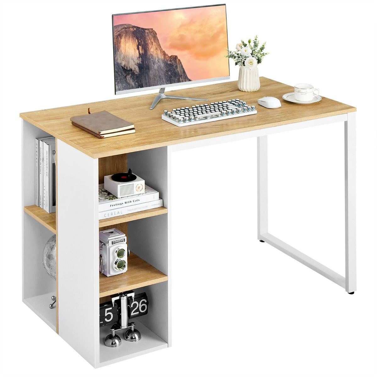 LIVSK Computerbureau met 5 Vakken - Stevig Metalen Frame - Ruim Bureaublad - Ideaal voor Thuis en Kantoor - 115 x 59,5 x 75 cm -
