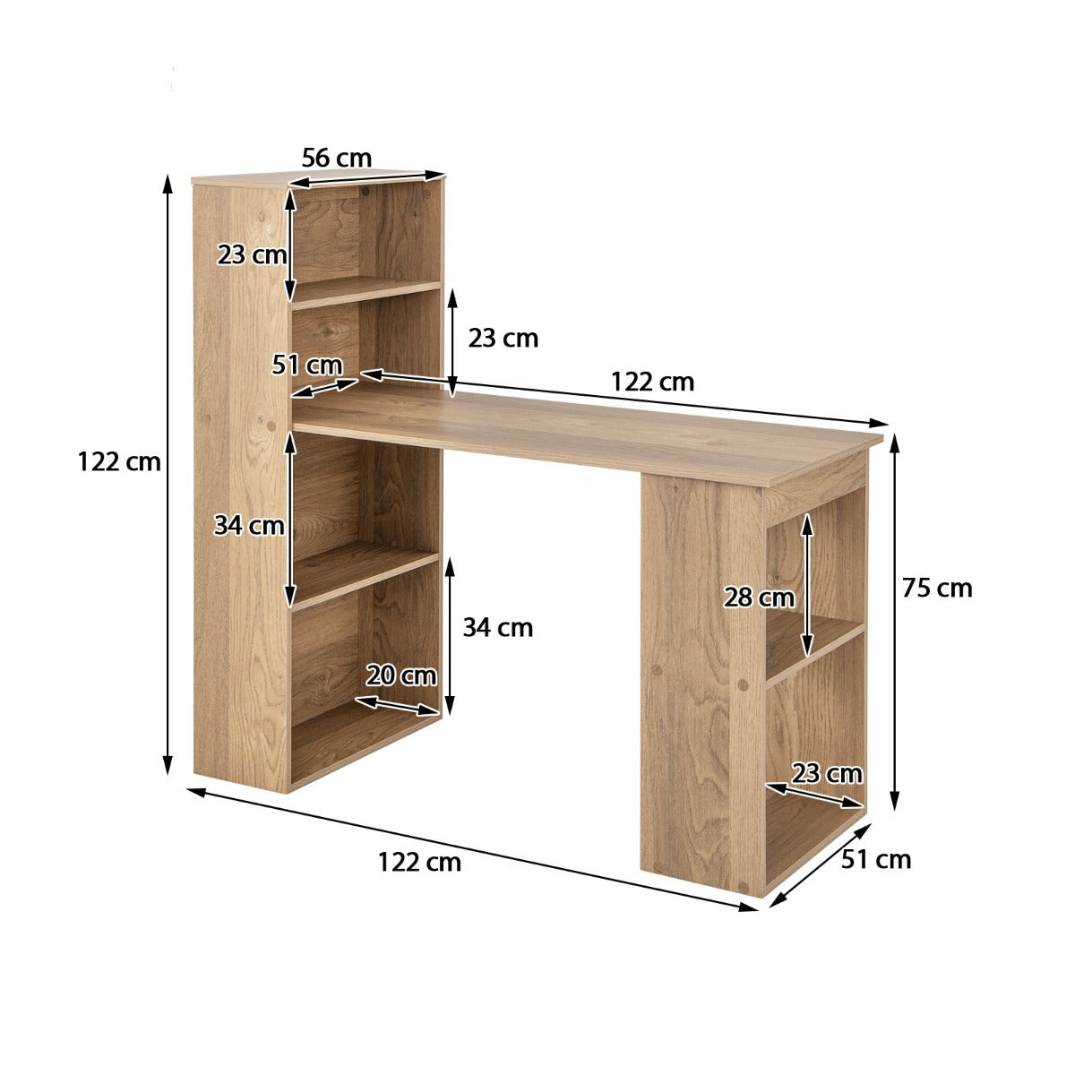 LIVSK Computerbureau met Boekenkast - Ruime Opbergruimte - Verwijderbare Plank - Duurzaam en Stabiel - 122 x 51 x 122 cm - Natuur