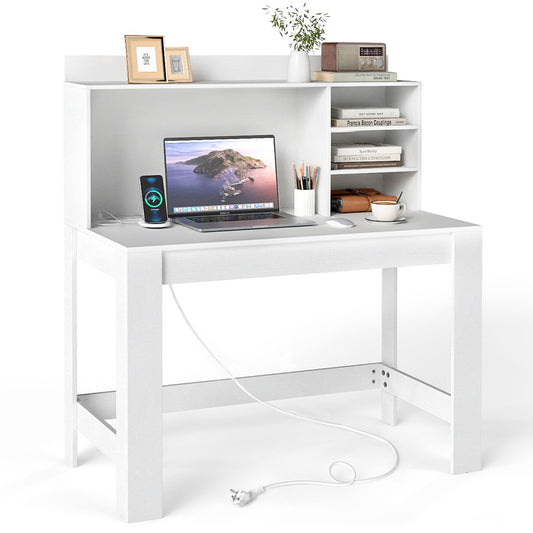 Livsk costway computerbureau met extra kast kantoorbureau met stopcontacten en kabelbeheer wit