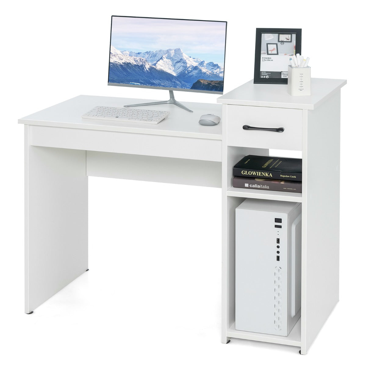 LIVSK Bureau met Schuiflade en Opbergruimte - Breed Tafelblad - Verhoogd Platform - Stevige Constructie - 102 x 50 x 82 cm - Wit