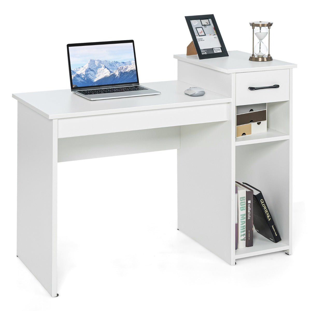 LIVSK Bureau met Schuiflade en Opbergruimte - Breed Tafelblad - Verhoogd Platform - Stevige Constructie - 102 x 50 x 82 cm - Wit